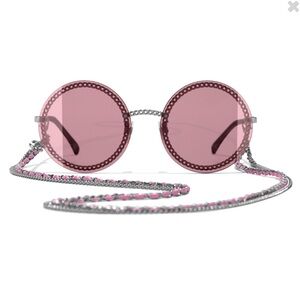 CHANEL Round Sunglasses with Chain Pink Leather Boho Gunmetal